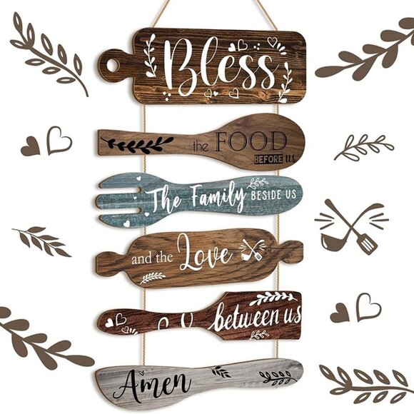 NEW 6 Pcs Bless the Food Before Us Sign Farmhouse Kitchen Wall Decor - Picture 2 of 7